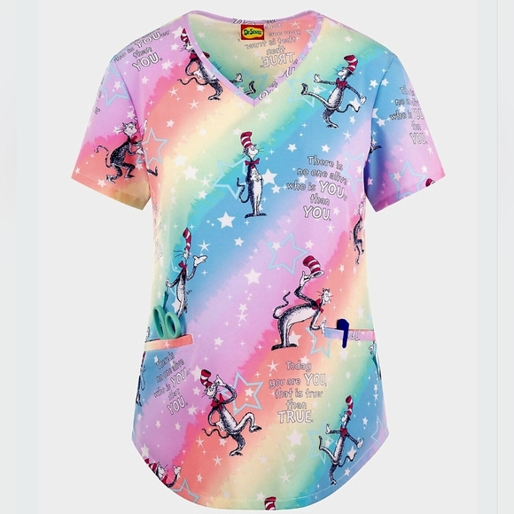 NEW Cat In The Hat Tooniforms Dr. Seuss V-Neck Scrub Top Small Licensed NWT - Picture 16 of 17